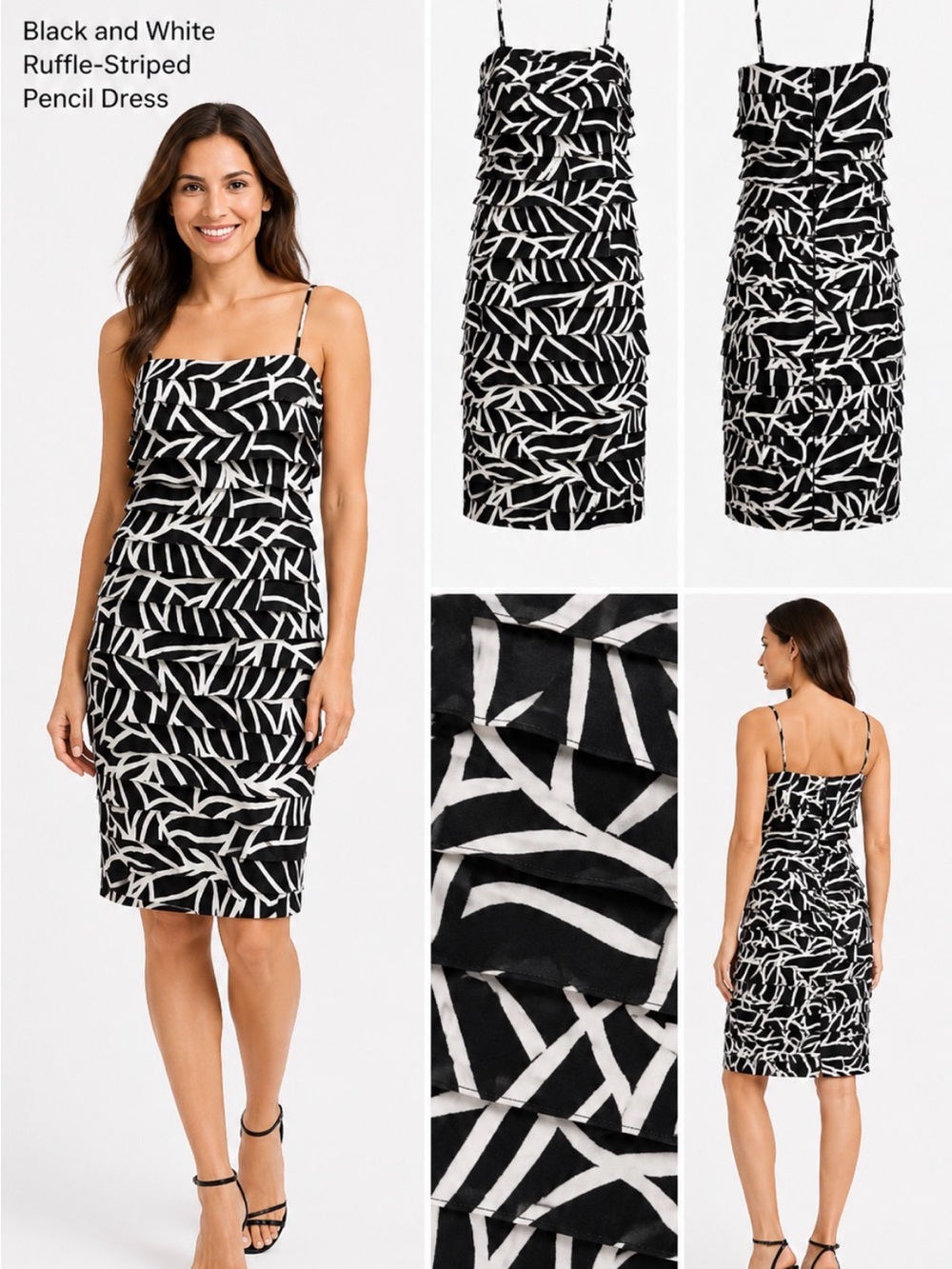 dressbarn Black and White Ruffle-Striped Pencil Dress